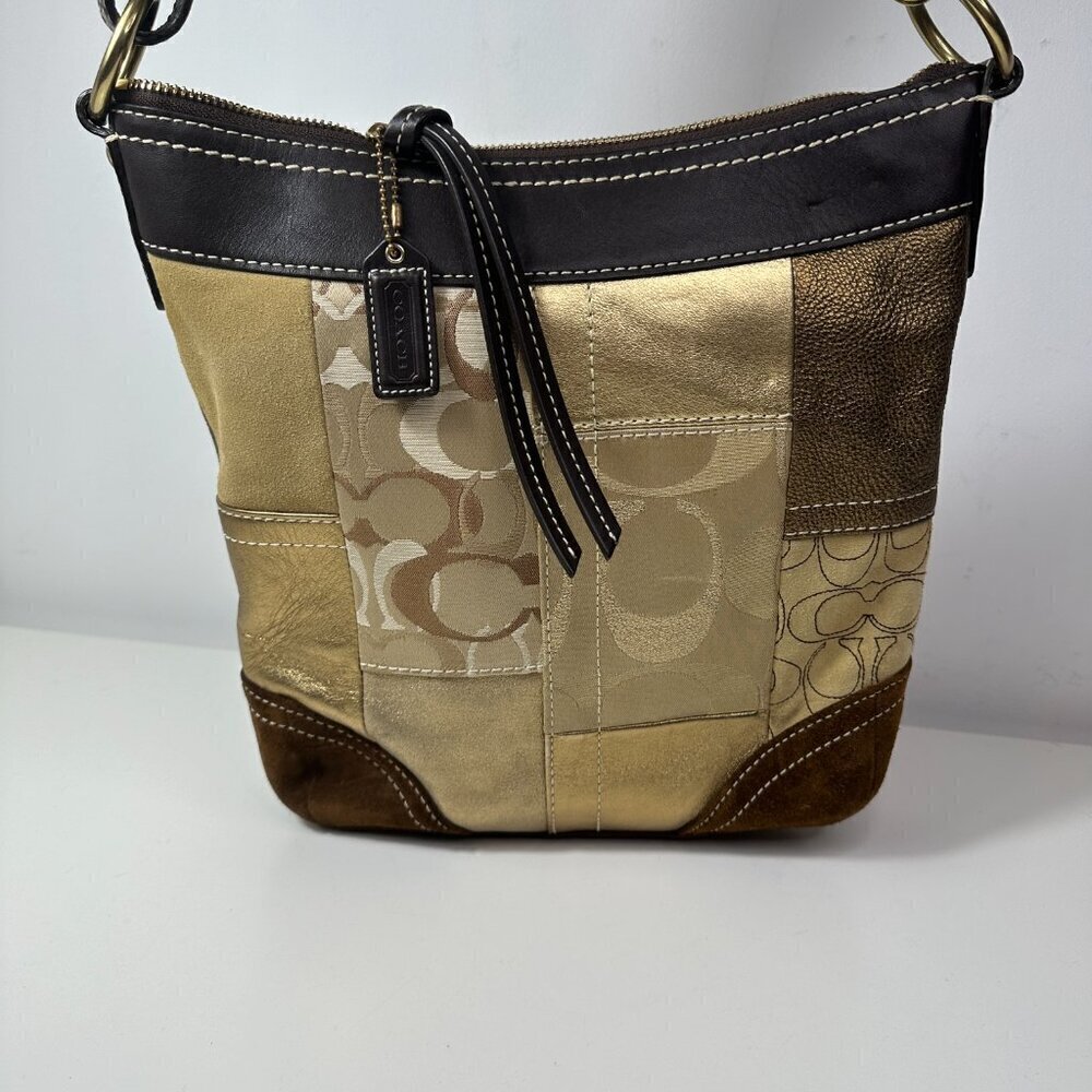 Y2K Vintage Coach Signature Patchwork Gold Medium Shoulder Crosbody Bag F10387 - Picture 6 of 16